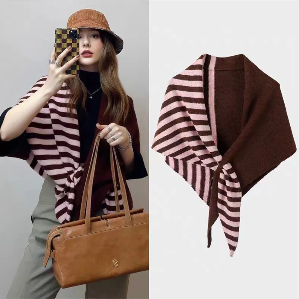 

New Knitted British Triangle Scarf Warm Soft Wool Scarf Striped Pattern Multi-functional Shawl Wrap Winter