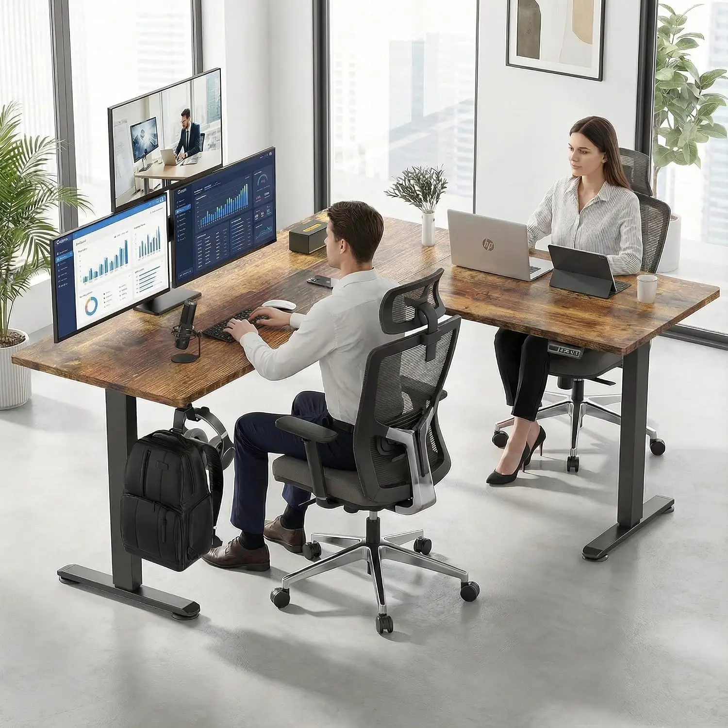 L Shaped Electric Standing Desk 63x55 Inch Corner Computer Workstation with Mouse Pad & Headphone Hook, Customized