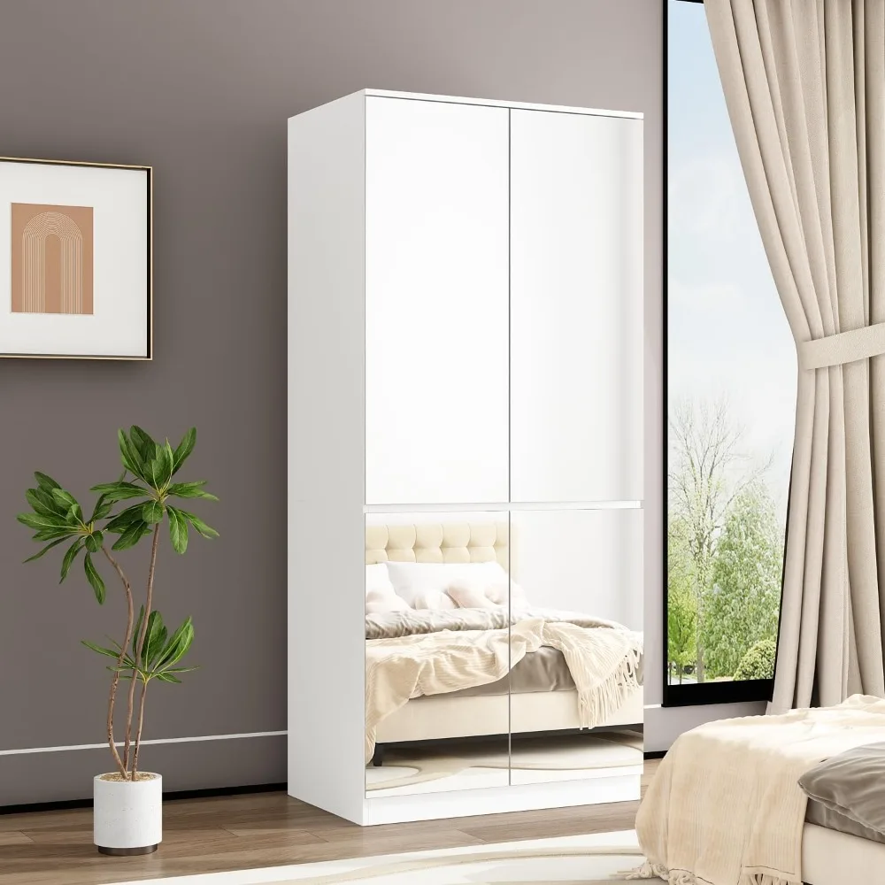 

Wardrobe with Mirror Doors, White Bedroom Armoire with Shelves, Hanging Rod, Mirrored Closet Modern Clothes Storage