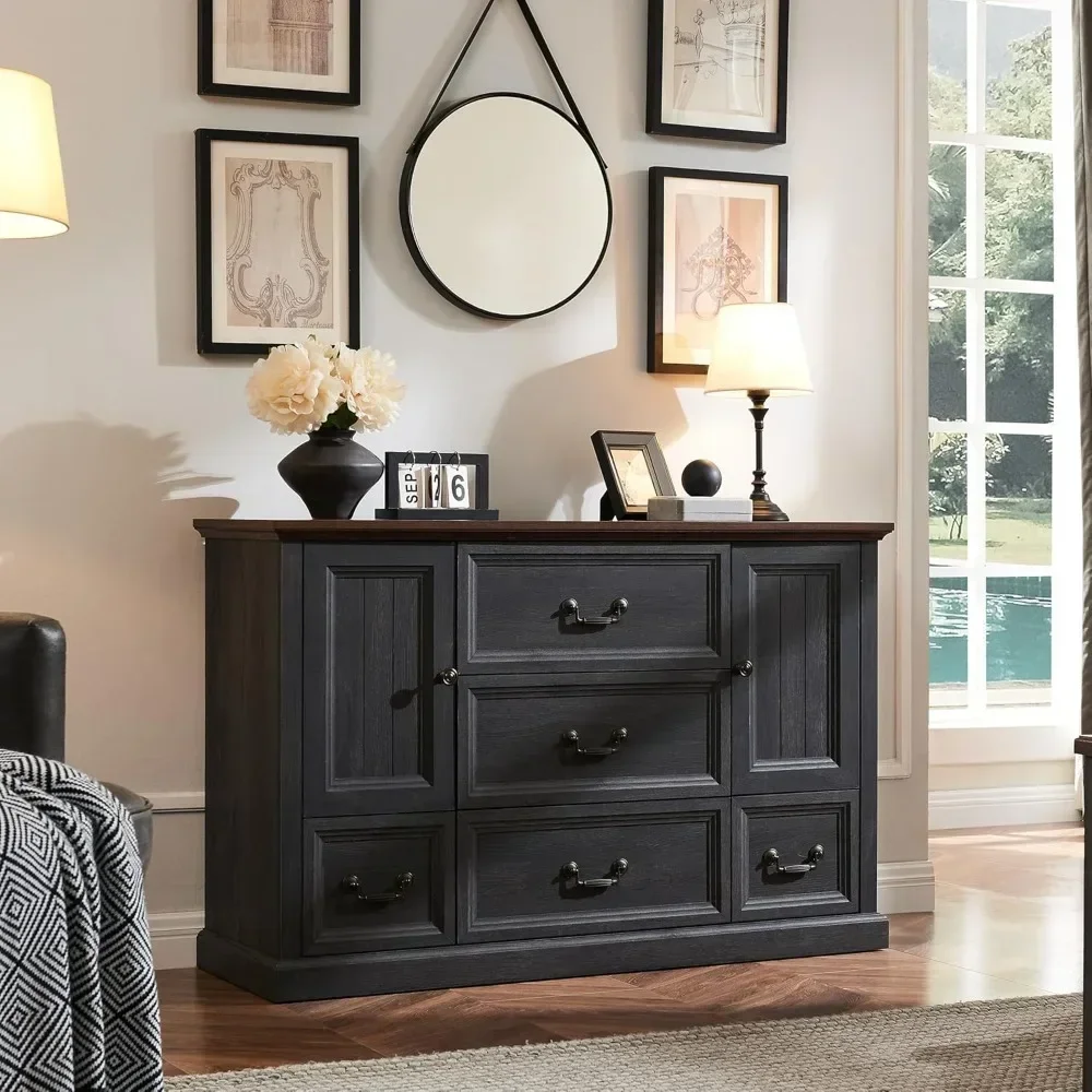 Living Room Cabinet 5 Drawers Dresser, Chest of Drawers W/Groove Barn Door, Living Room Cabinet