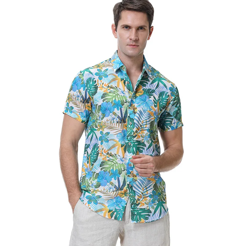 

Blue Palm Tree Printed Hawaiian Shirt Men 2024 Summer Short Sleeve Beach Party Casual Shirts Mens Holiday Vacation Chemise E43