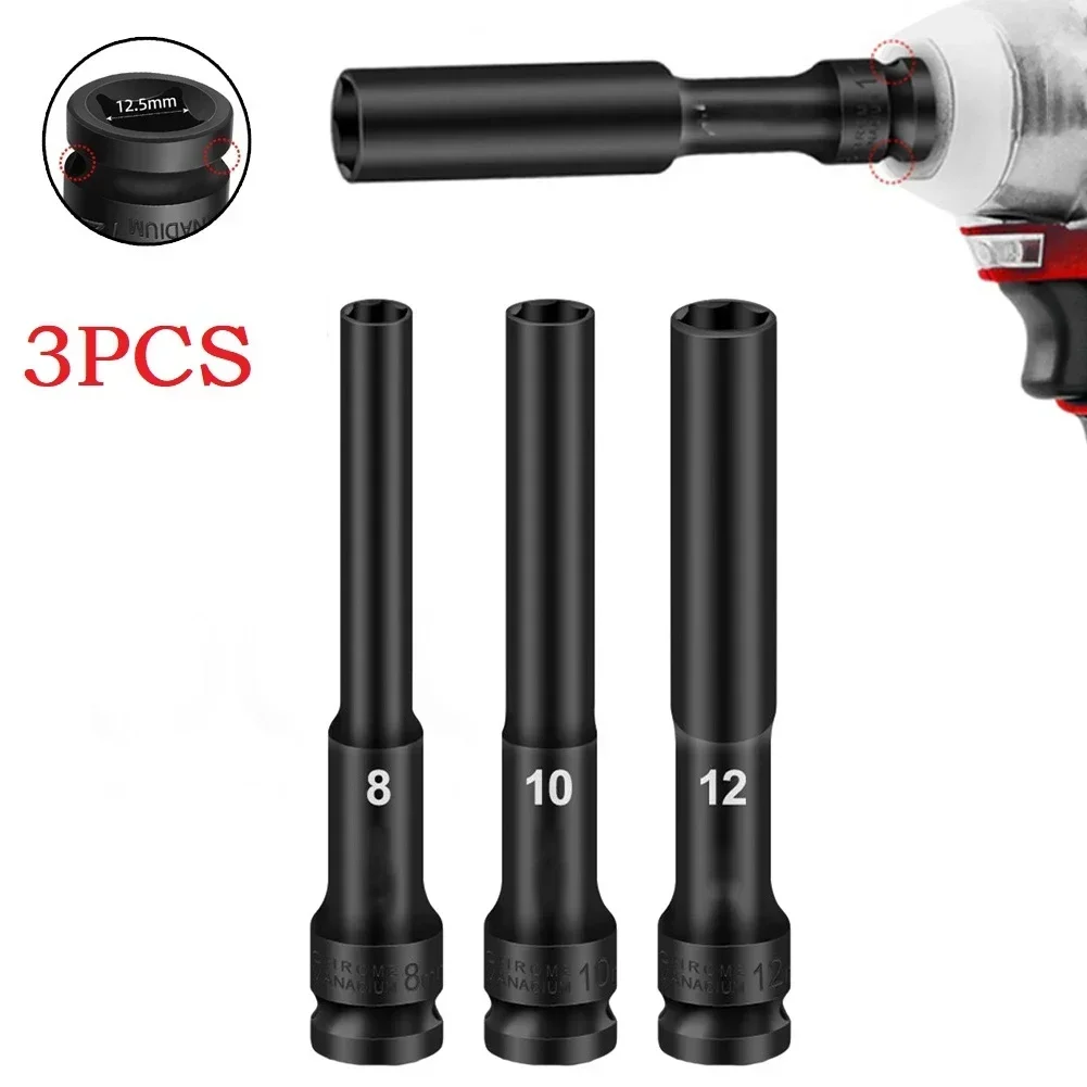 

3pcs 1/2 Drive Socket Im-pact Wrench Hex Socket Head 8-12mm Adapter Spanner Converter Deep Ipact Socket Head Tire Removal Tools