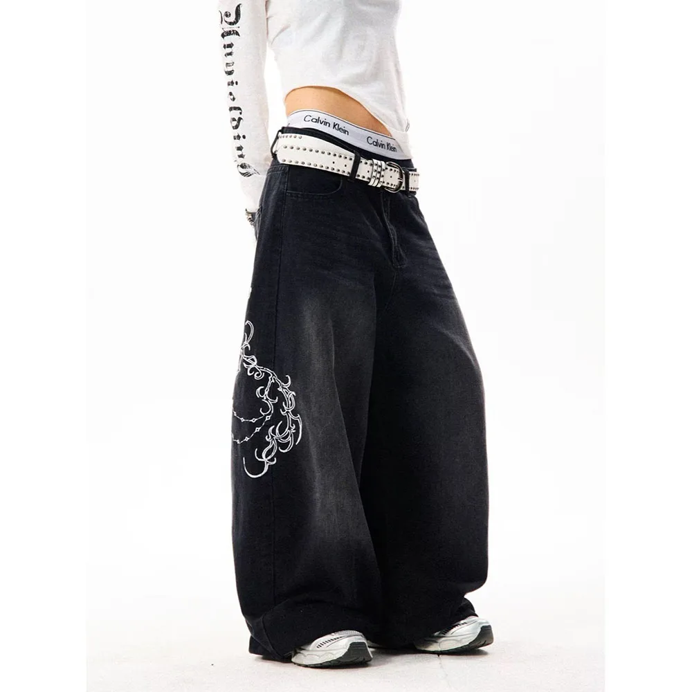 Letter Pattern Women's Denim Pants Vintage Style Solid Color Jeans High Elastic Spice Girls Trousers Casual Style Pants