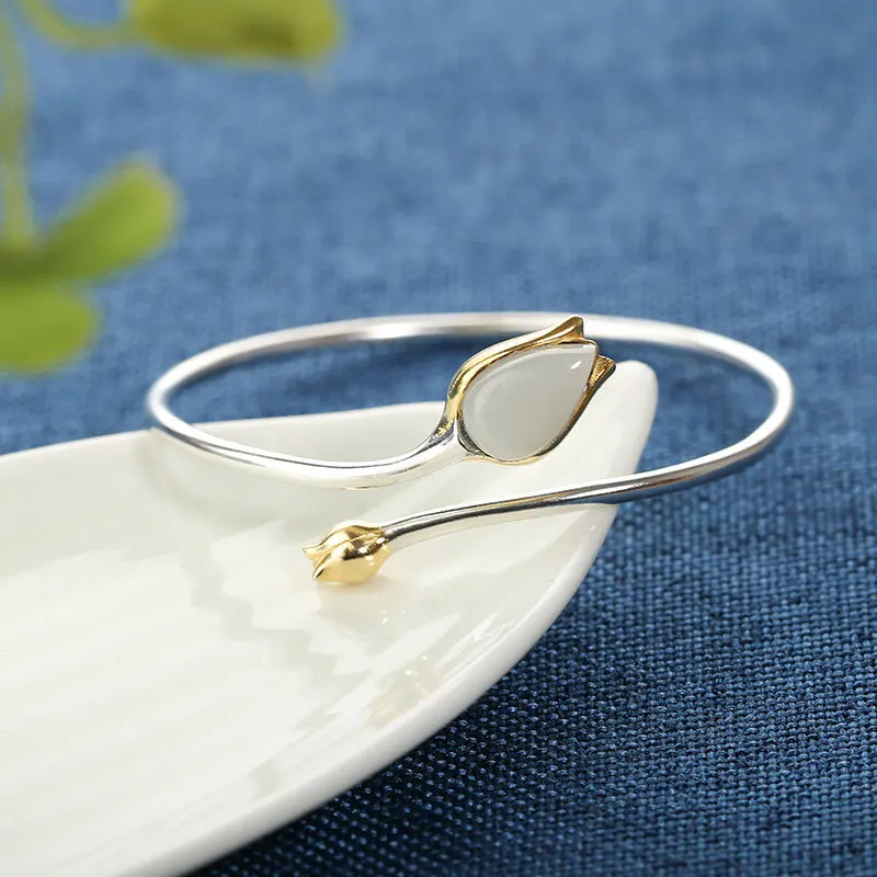 

S990 Женский открытый браслет из белого нефрита и серебра Hetian