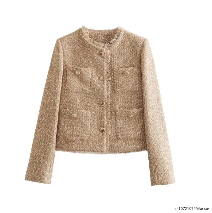 

Elegant Women Camel Tweed Jacket Autumn Long Sleeve Button Frayed Cropped Jacket Female Fashion O-neck Pocket Short Coats