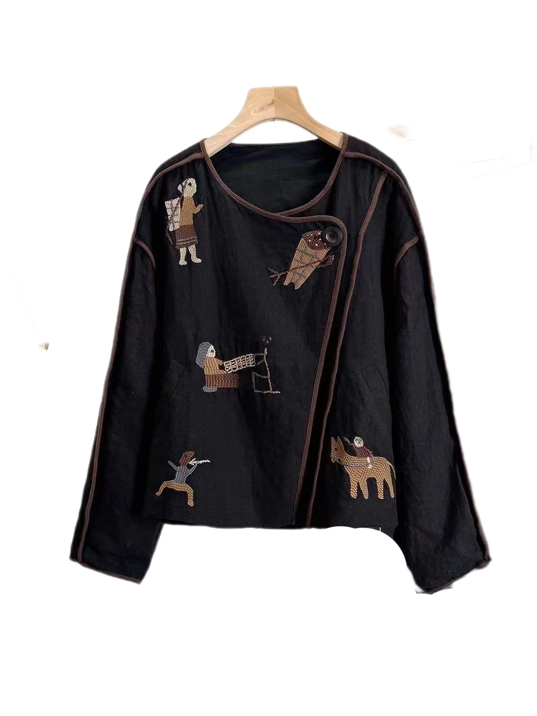 الرجعية المطرزة الكتان ort Jaet المرأة فضفاضة التخسيس تصميم زر واحد القطن الكتان أعلى الخريف جديد Sle تخفيف Sle #5