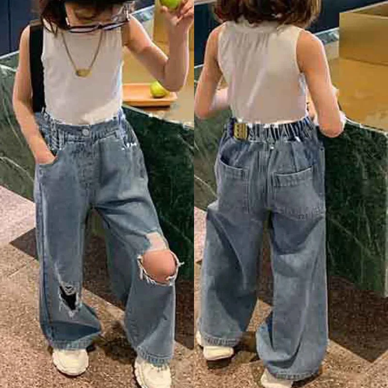 Autumn New Kids Girls Jeans Elastic High Waisted Wide Leg Broken Washed Denim Pants Children Ripped Trousers for 2-8Y