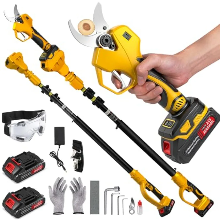 

Tree trimming cordless electric pruning shears with SK5 blades yellow 2.5 cutting diameter 15ft max reach dual 21V 2000mAh batt