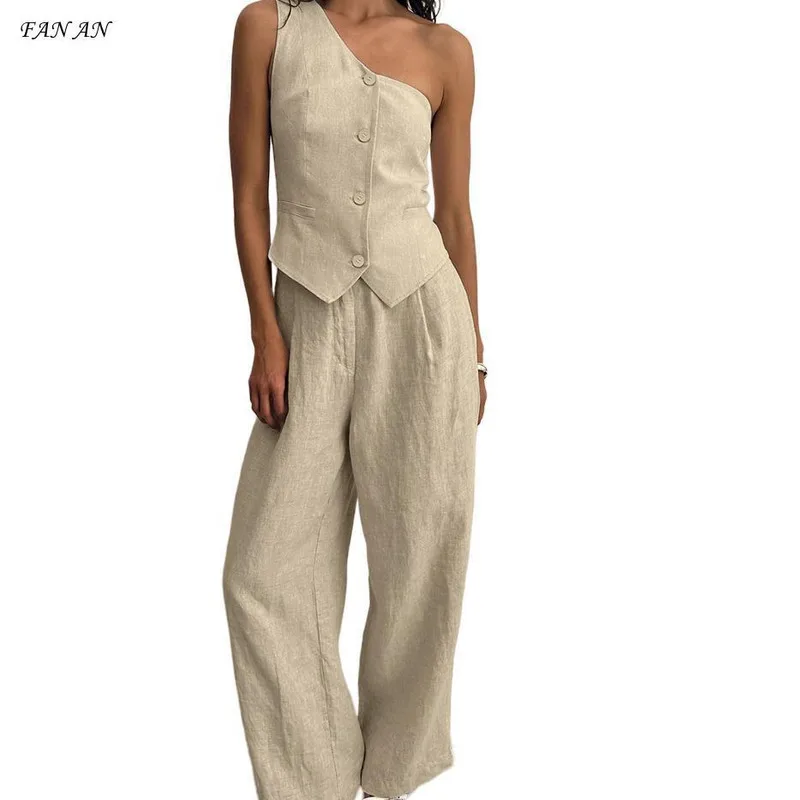 Fashion personality one-shoulder waistcoat high waist wide leg pants two-piece temperament casual 2024 summer autumn new women