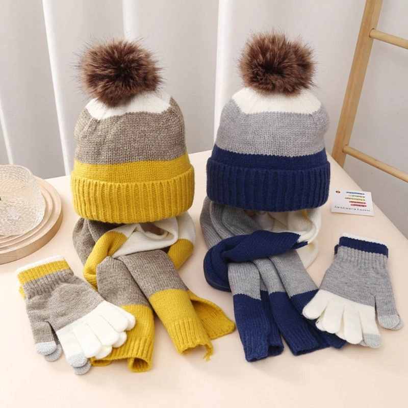 1 Set Winter Thicken Fleece Kids Hat+Gloves+Scarf Plush Warm Striped Baby Boys Girls Beanie Cap for 8-15 Years Children Bonnet