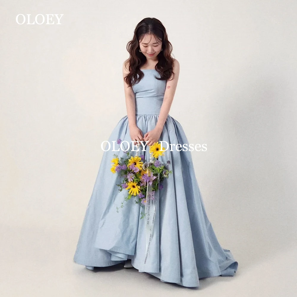 OLOEY Simple Strapless Blue A Line Prom Dresses Korea Photoshoot Floor Length Wedding Party Gowns Customized Corset Family Gowns