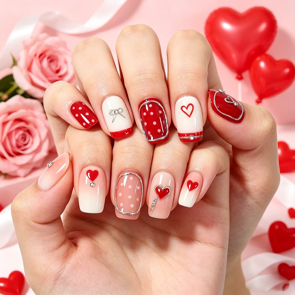 10pcs Red Short Square Valentine's Day Fake Nails Kawaii Polka Dot Heart Silver Magic Mirror Powder Design Press On Nails Tips