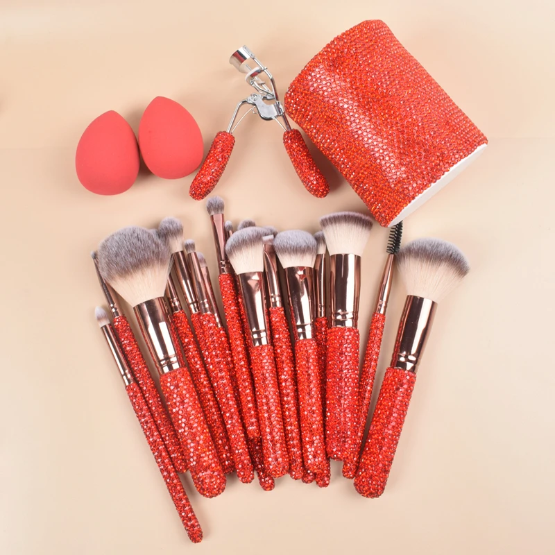 Bling Makeup Brushes with Rhinestone Face Concealer Eyeliner Blusher Puffs Eyelash Curler Storage Bucket Headbands 23 Sets