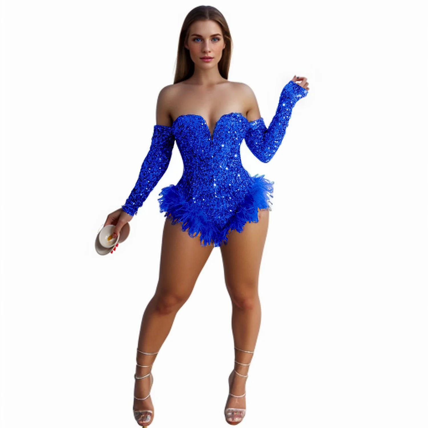 

Women's Jumpsuits Sequin Feather Bodysuits Women Strapless Body Suit Tops Club Rompers Party Nightclub Sexy Corset Jumpsuits