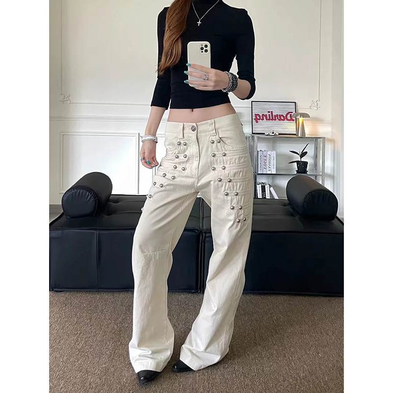 ZHIZOU Women Gothic Y2k Washed Cargo Jeans Vintage 2000s Hiphop Grunge American Style Baggy Rivet Design Wide Leg Denim Pants