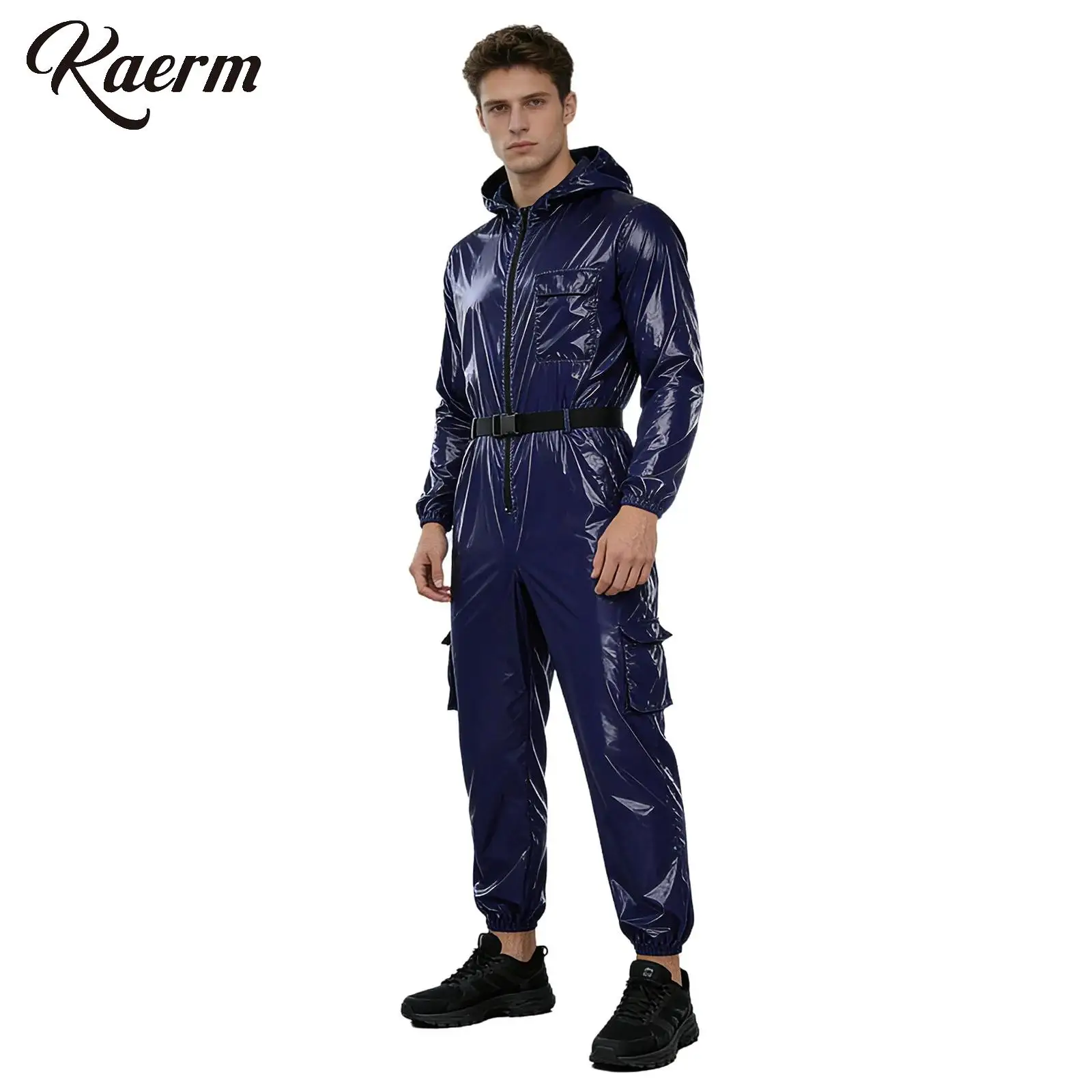 

Unisex Men Water Resistant Coveralls Mechanic Workwear Long Sleeves Front Zipper Hooded Jumpsuit Elastic Belt Workshop Uniform