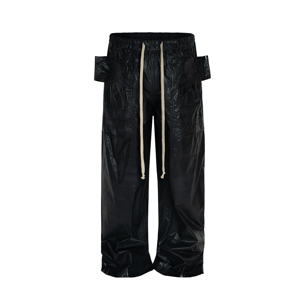 Brushed Waxed Leather Coat Multiple Pockets Black Cargo Pants for Men Streetwear Loose Drawstring Casual Trousers Oversized