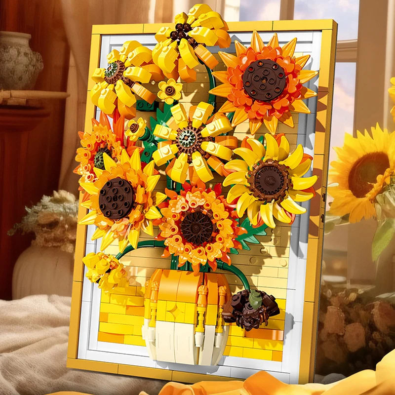 

НОВЫЕ строительные блоки подсолнечника, 3D фоторамка, кирпичи, модель, орнамент, собранные игрушки, подарки, украшение дома для взрослых и детей