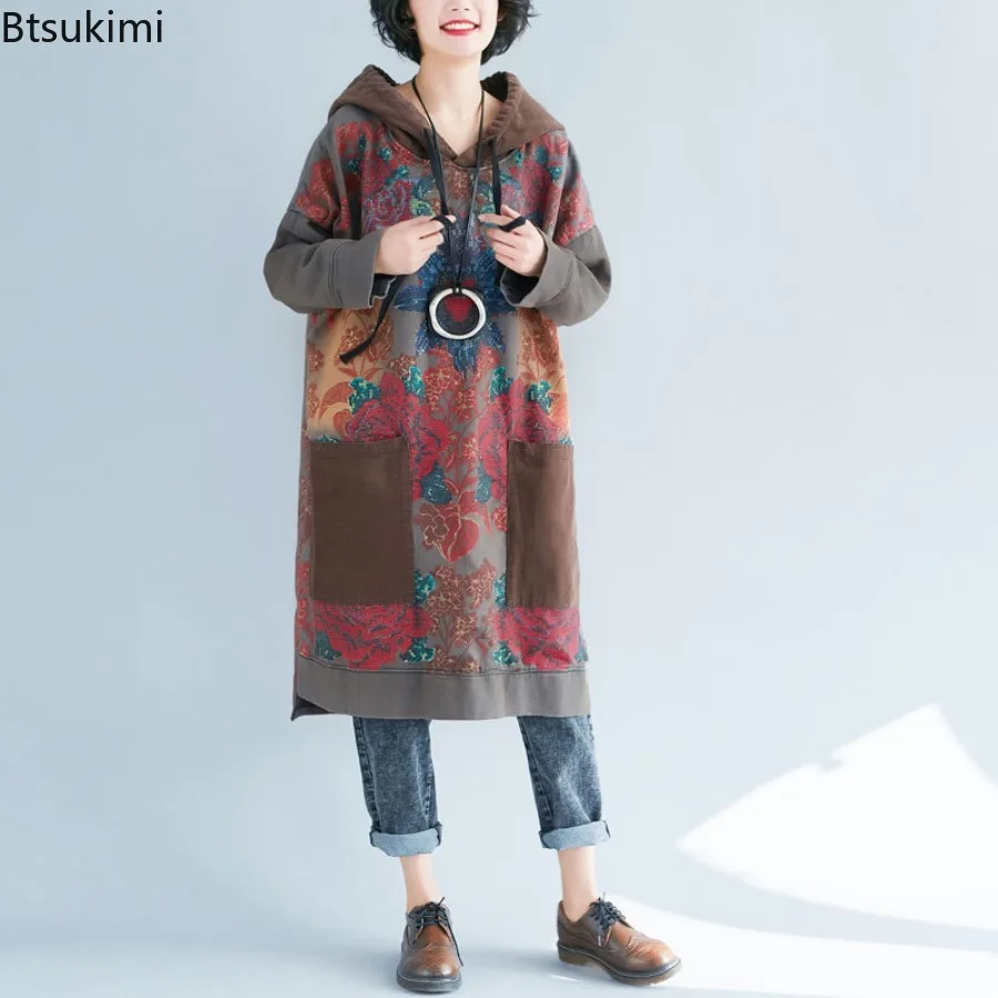 Ethnic Style Women's Mid-length Hoodies Vintage Print Loose Casual Dress Spring Autumn Big Size Women Clothes Hooded Sweatshirts