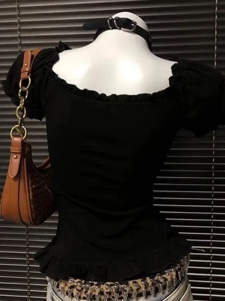 Gothic T-shirt Women Vintage Lace Patchwork Short Sleeve Slim Fit Ruffled Tees Sweet Y2k Aesthetic Harajuku Crop Top