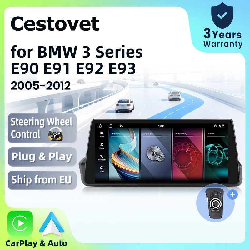 Lecteur multimédia sans fil Junsun 12,3'' Carplay Android Auto pour autoradio BMW Série 3 E90 E91 E92 E93 2005-2012 Bluetooth GPS Navigation Écran tactile