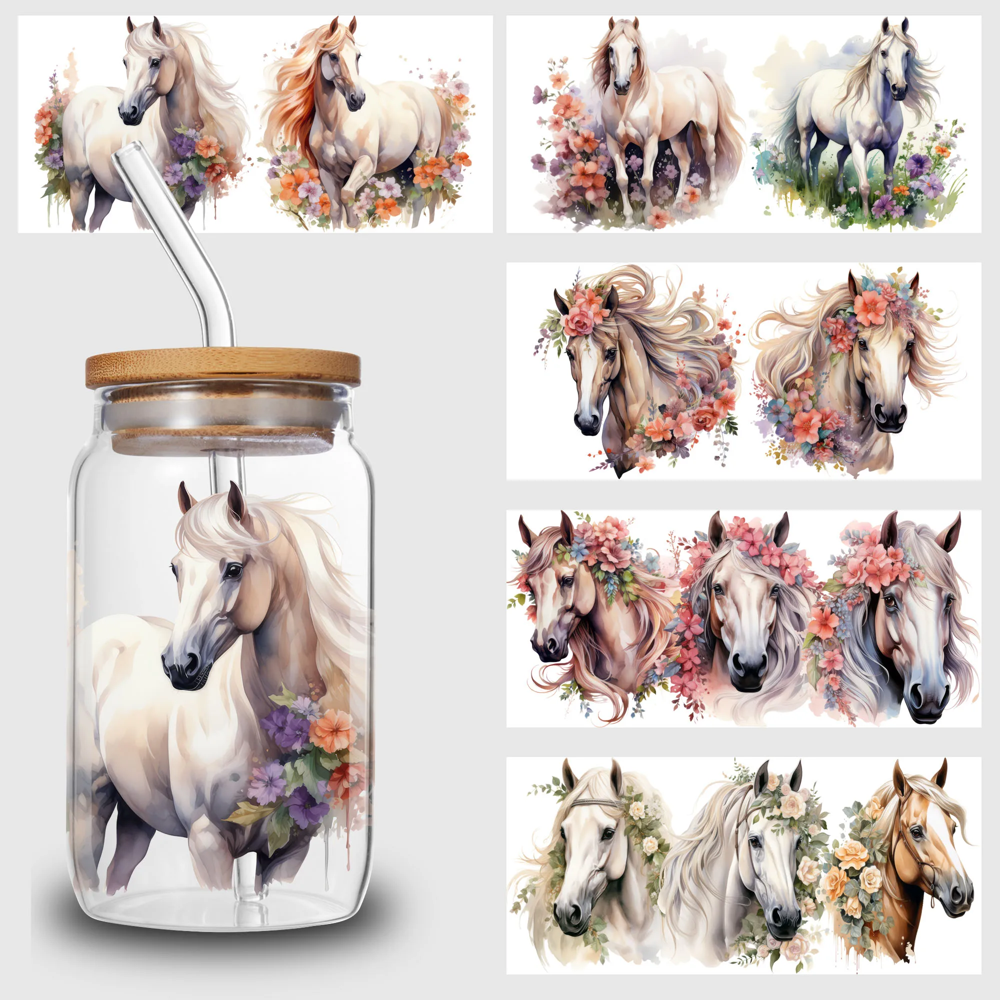 5 Sheets horse UV DTF Cup Stickers for Glass DTF Transfer Stickers, Waterproof Friction Transfers for 16oz Glass, Mugs, Crafts