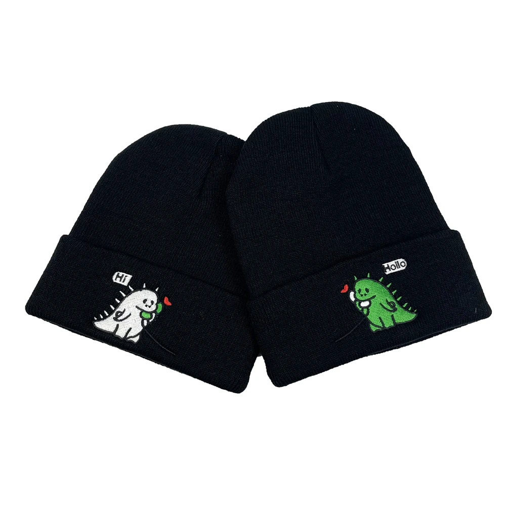 Autunno inverno Outdoor Cartoon dinosauri Hi Hello ricamo cappello lavorato a maglia uomo donna berretto Hip-Hop coppie divertenti cappelli Beanie