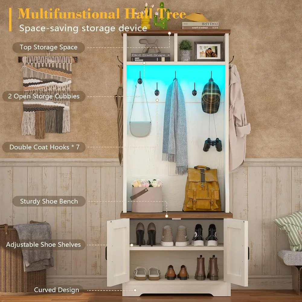 Small Hall Tree with Bench and Shoe Storage, Coat Rack with Shoe Bench | Adjustable RGB Lights, Entryway Bench with 7 Coat Hooks