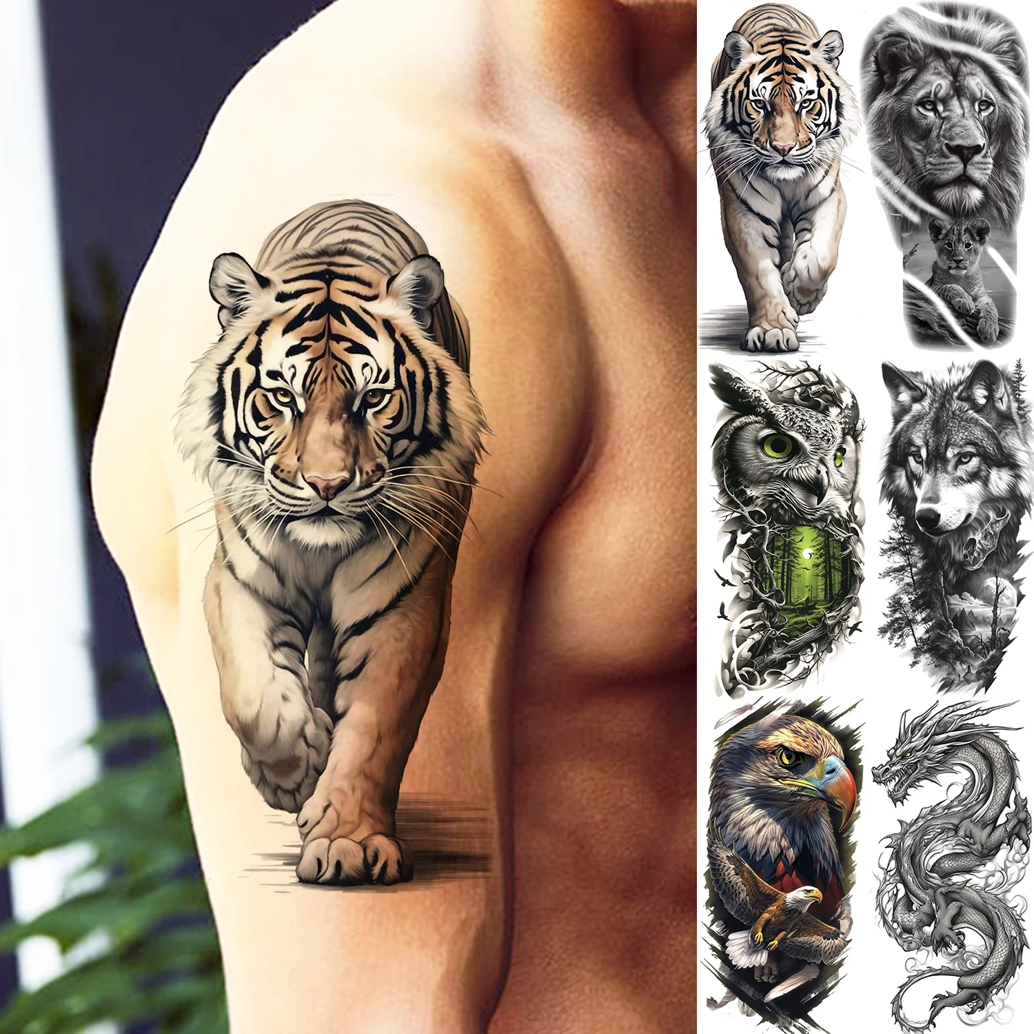 1 Sheet Trendy Cool Tiger Wolf Eagle Temporary Tattoos For Men Women Waterproof Realistic Animals Fake Tattoo Sticker Last Long