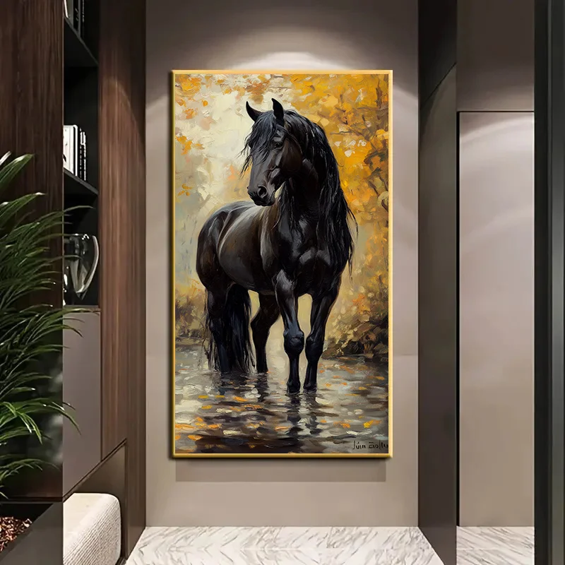 

1pc Frameless Modern Canvas Wall Art Black Horse in Autumn Forest with Fall Foliage, Large Size for Living Room, Bedroom, Decor