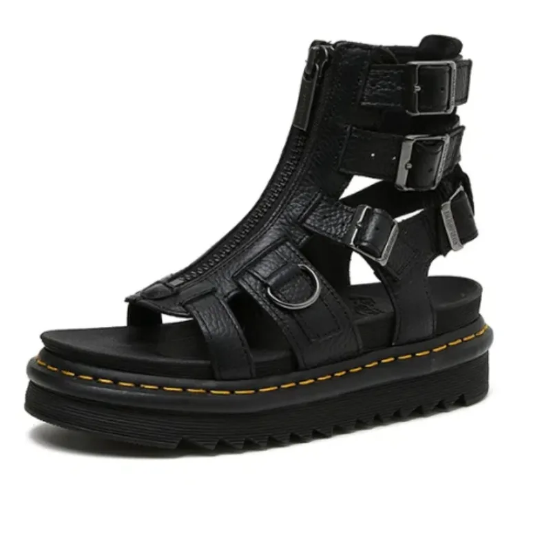 

Summer Roman Sandals Fashion Street Black Women's Sandal Gladiator Women Genuine Leather Round Toe Buckle Platform Women's Shoes