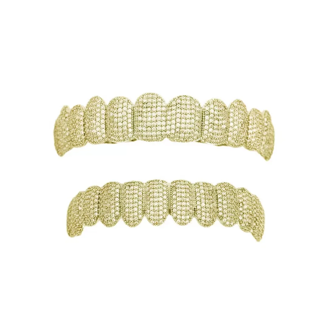 Teeth Grillz Set For Unisex Top Bottom Iced Out Cubic Zirconia Stone Brass Material Hip Hop Cosply Jewelry For Man Women