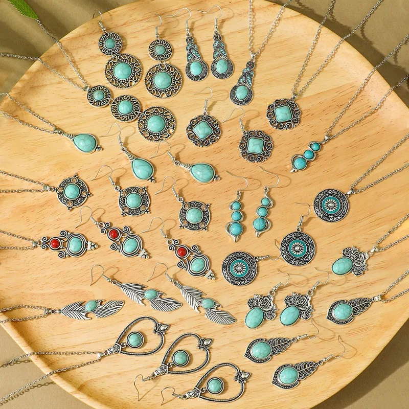 Bohemian Retro Earring Necklace Set Turquoise Teardrop Shaped Earings Pendant Necklace Multi Styles Jewelry Set for Women