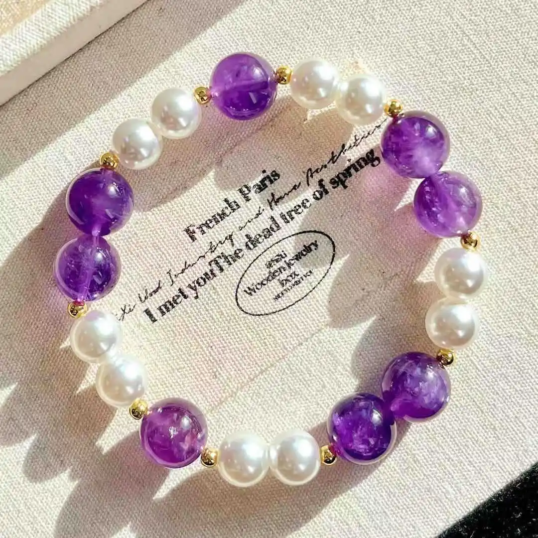 Vintage High-Quality Natural Amethyst, Crystal & Faux Pearl Beaded Bracelet, Purple Gemstone Stackable Hand Chain for Women