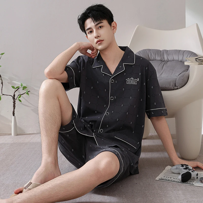 Big Size M-4XL Men Short Sleeve Pajamas Set Summer 100% Cotton Pyjama Male Sleepwear