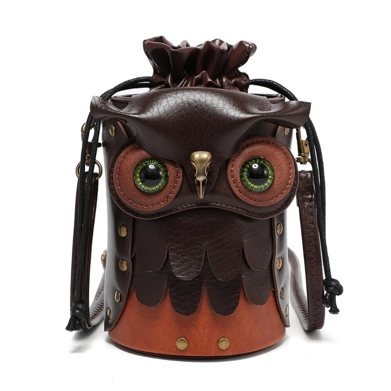 

E74B Women Drawstring Shoulder Bag PU Leather Messengers Bag Cartoon Owl Crossbody Bag Fashion Shopping Dating Bag Phone Bag