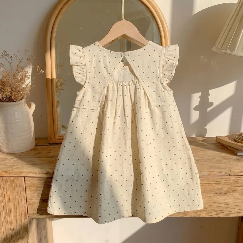 2026New Summer Cute Korean Children's Clothing for Girls: Summer Polka Dot Flutter Sleeve Stylish Vest Princess DressSweet Style