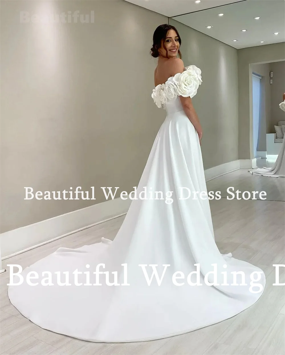 Simple Wedding Dress For Women Off-Shoulder Sleevelss With Flowers A-Line Pure Plain Satin Vestidos New White Split Bridal Gown