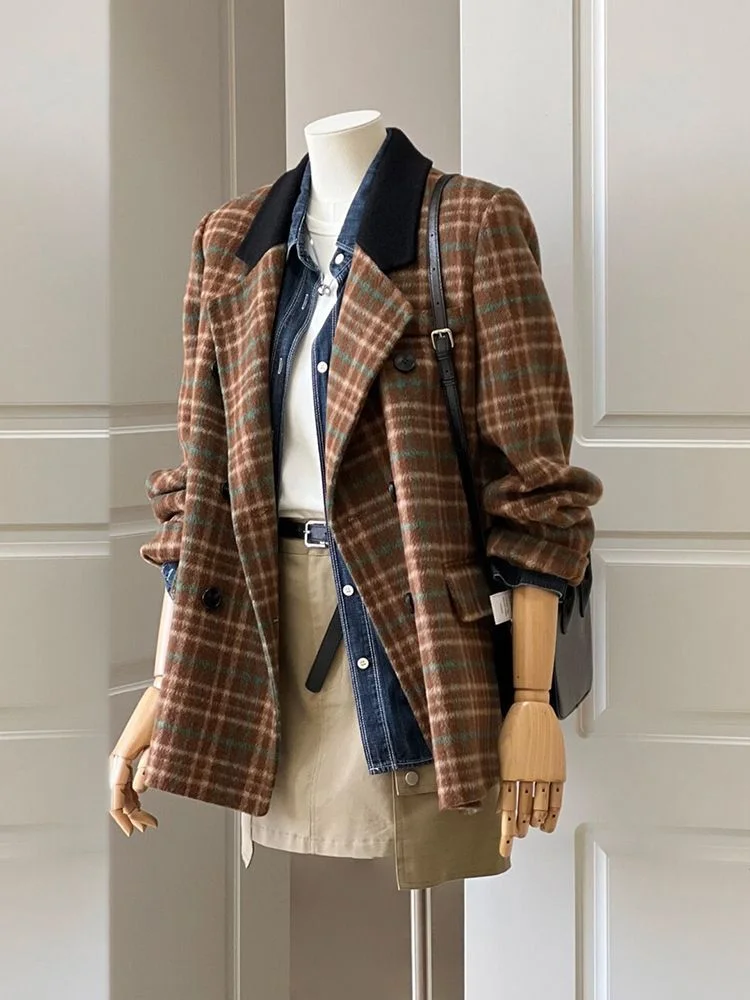 Vintage Coffee Plaid Faux Wool Blazer Loose Jackets Vintage Double-breasted Contrast Collar Outerwear British Style Elegant Lady