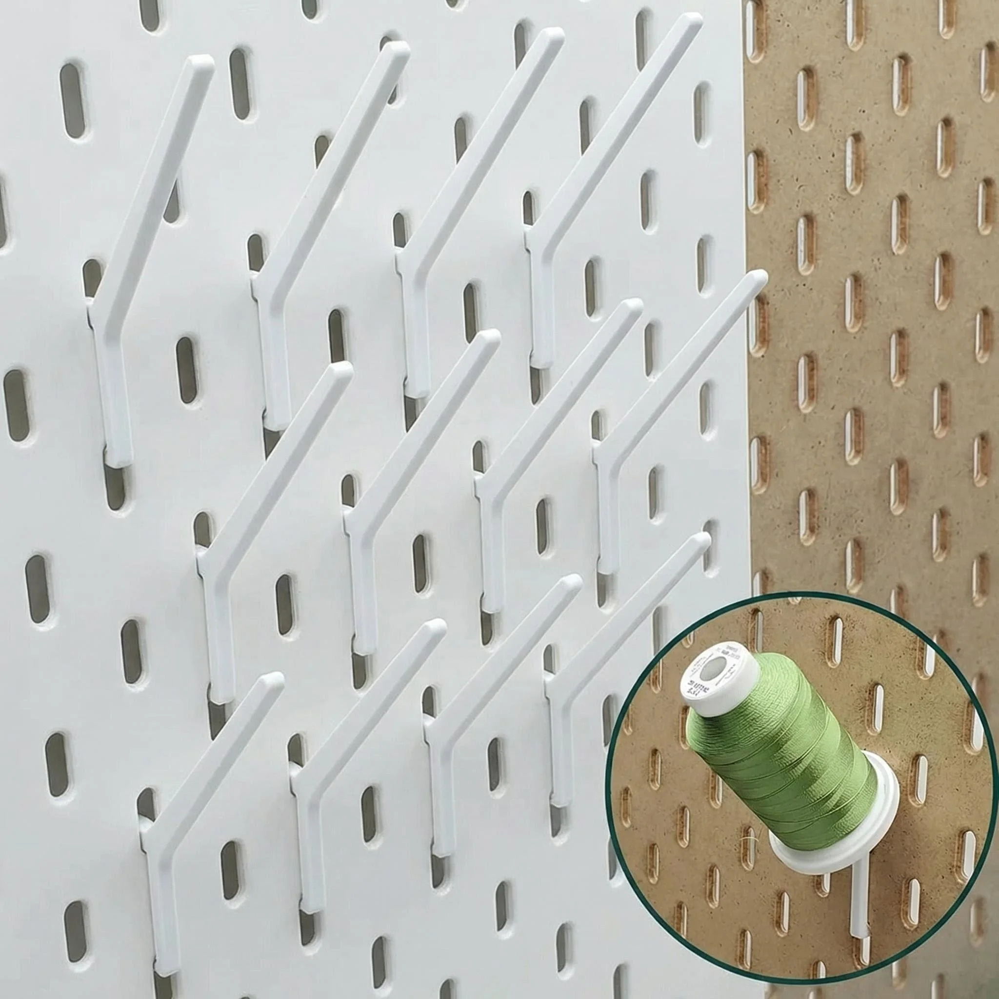 

12Pcs White Pegboard 45° Spool Hooks Pegboard Accessories Display Hook Organizer for Craft Embroidery Sewing Thread Rolls
