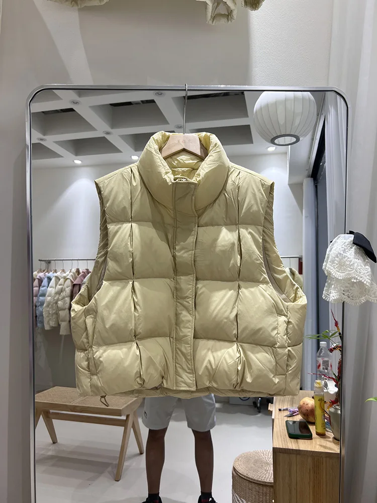 2025 herbst winter neue daunenjacke frauen kurze stehkragen weste mode-design lose beiläufige weiße ente daunenjacke