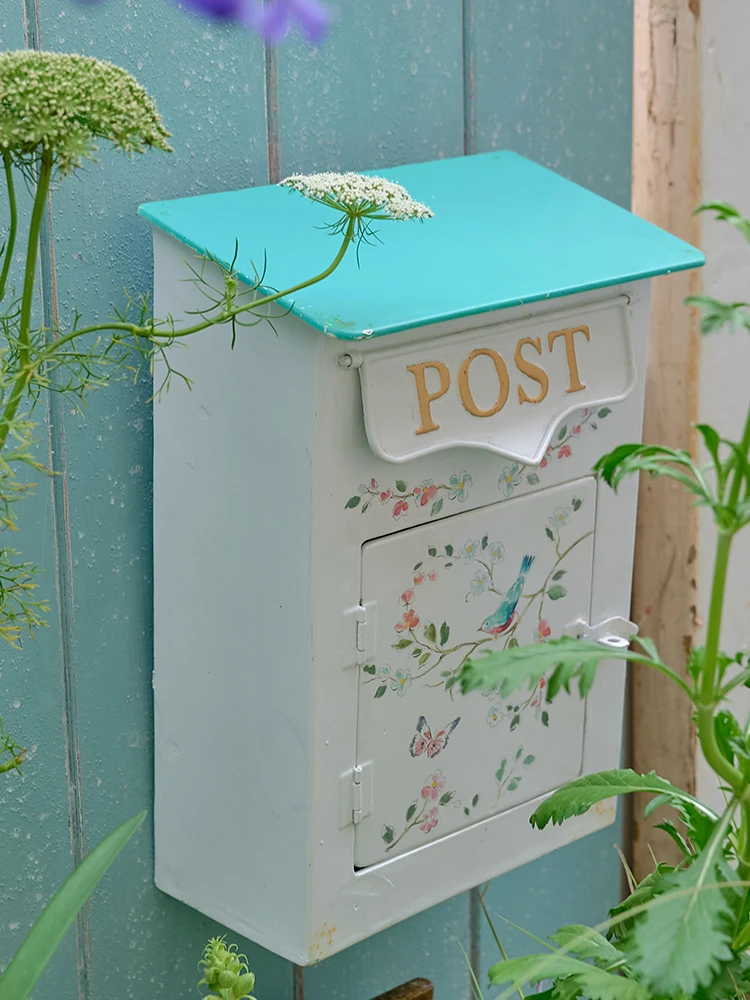 Garden Outdoor Mailbox, Metal Iron Post Box,European Style Vintage Letter Box, Size 22.5*12.5*31.5H CM, White Bird,Villa Family