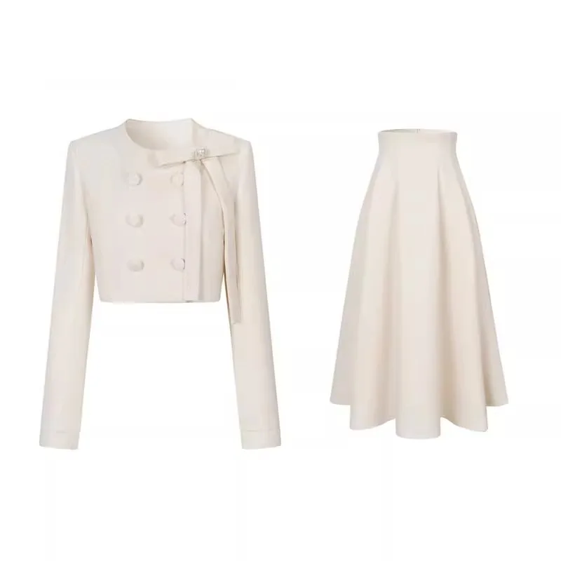 Set di gonne bianche di eleganza classica Set di giacca con scollo a O con fiocco corto Top a vita alta Gonna lunga a trapezio Set da due pezzi da donna primaverile