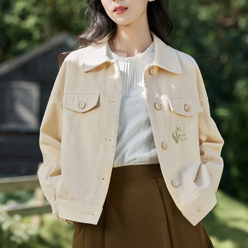

Classic Denim Jacket Women Jeans Streetwear Long Sleeves Turn-down Collar Vintage Chic Single Breasted Denim Jacket New