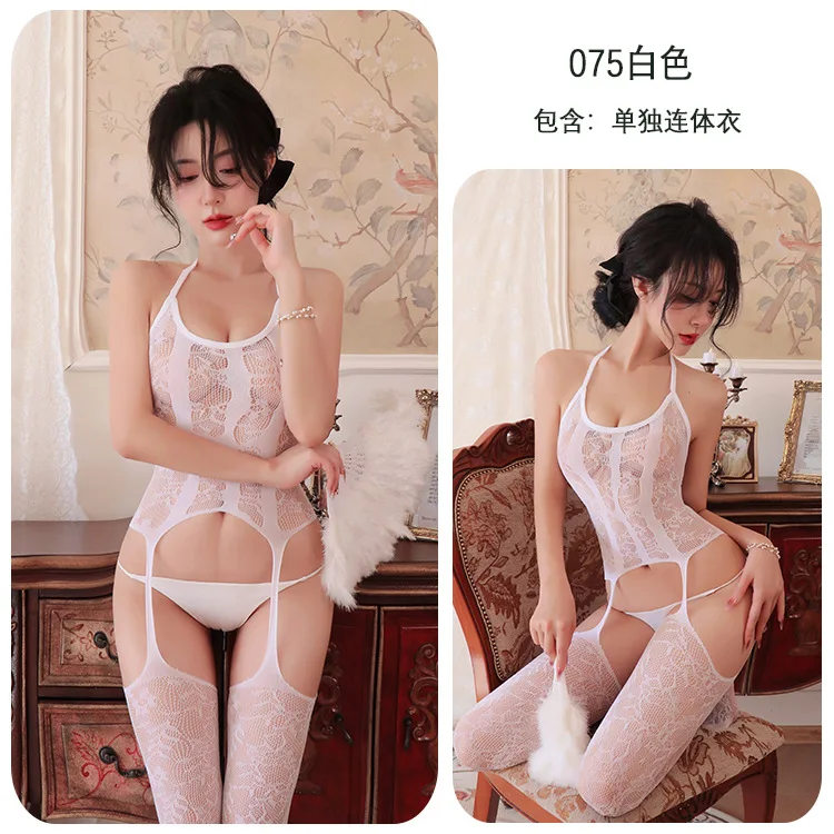 

Длинное ночное сексуальное женское белье, сексуальные чулки с подвязками, кружевные сексуальные ажурные чулки с лямкой на шее, ажурное сетчатое платье без вырезов 075