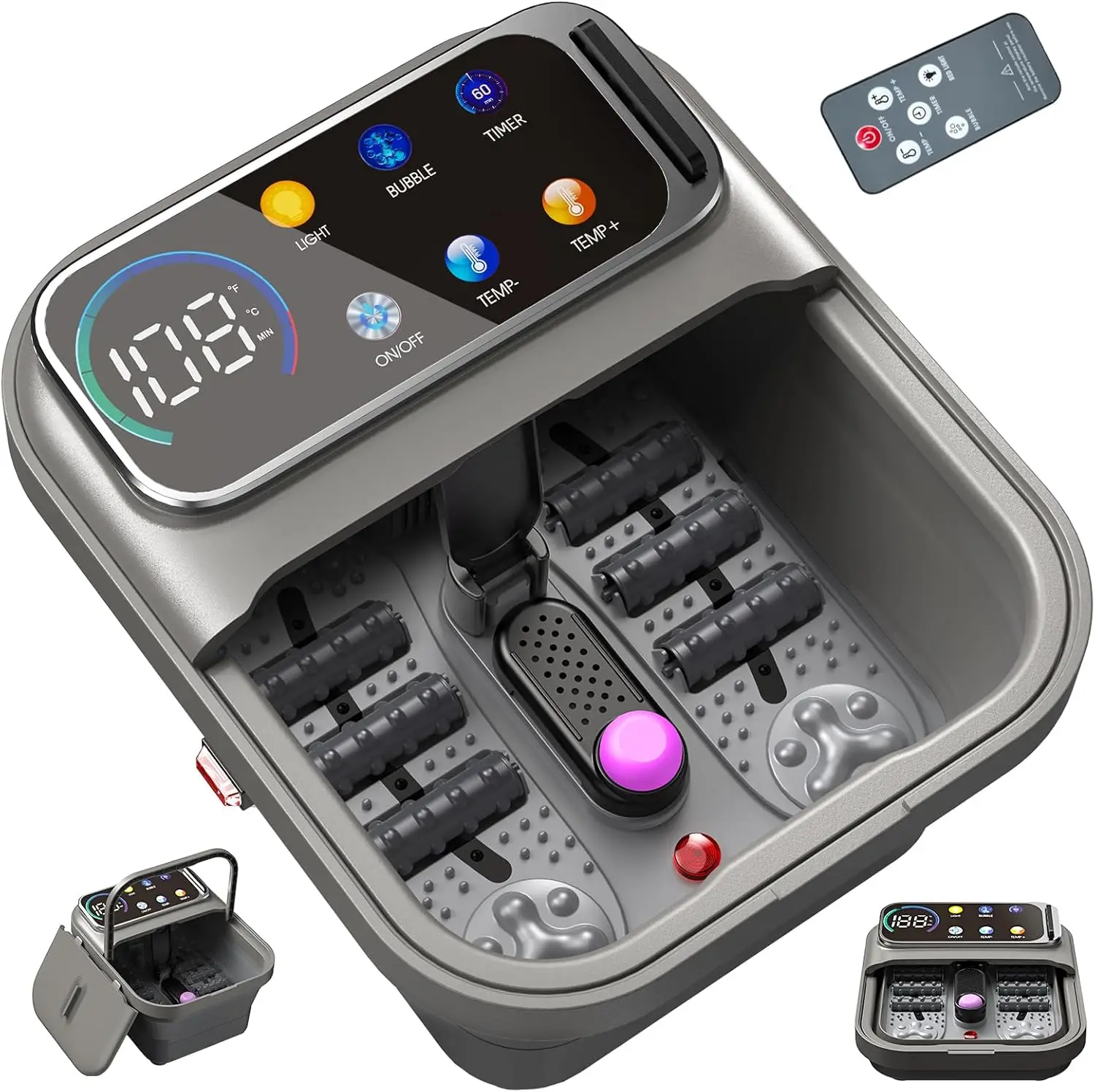 

Складная ванночка для ног с подогревом, пузырьками, сенсорным экраном XL, контролем температуры и массажными роликами для снятия стресса