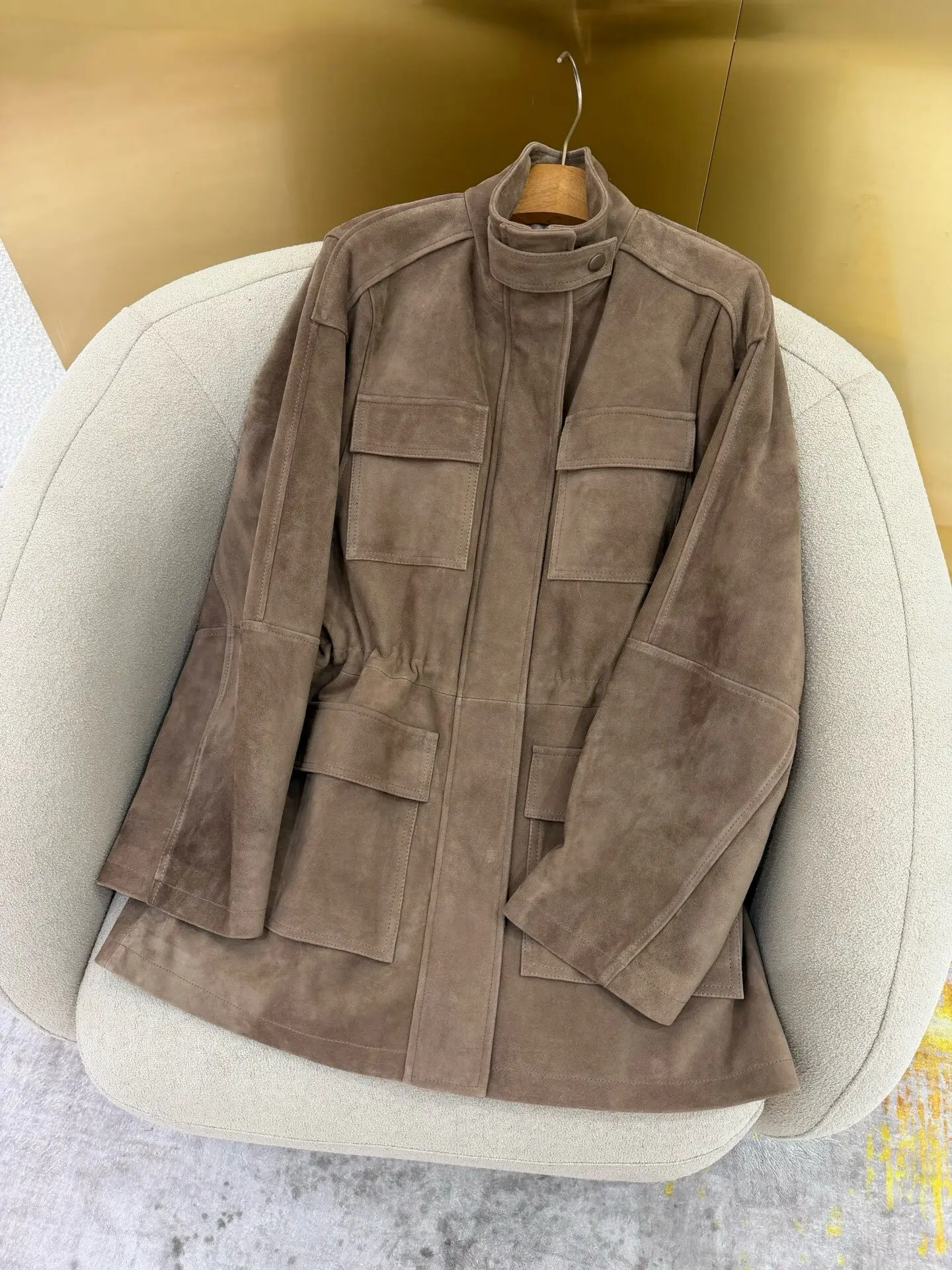 2026 Autumn Winter New Women's Standing Collar Goat Suede Jacket, Mid Length Jacket
