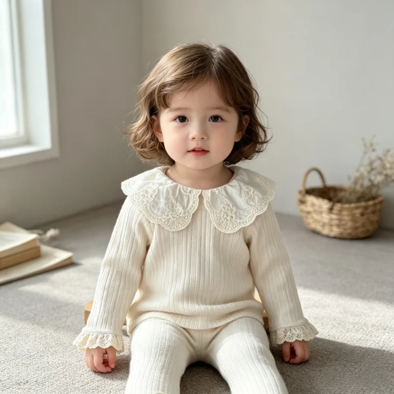 2026 Spring 6M-4Y Ins Baby Girl Clothes Korean Knit T-shirts Lace Peter Pan Collar Cuff Soft Elegant Casual Long Sleeve Blouse