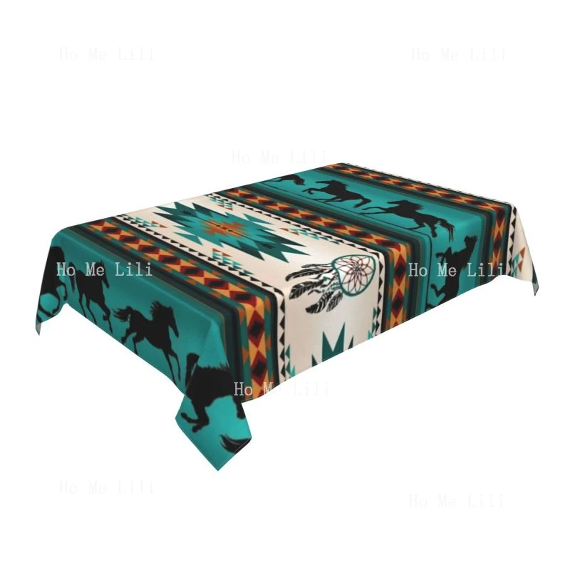 Bohemian Tucson Southwest Horse Native Inspired Fabric Turquoise Rectangle Tablecloth