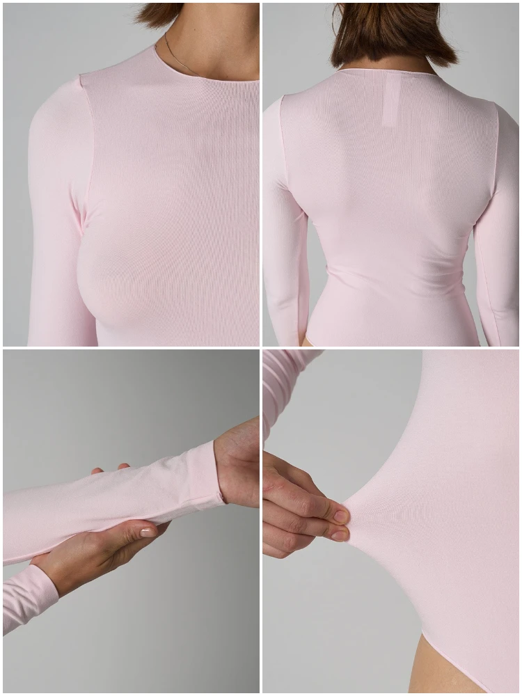 VITALINOVO Damen-Body mit Rundhalsausschnitt und langen Ärmeln, Basic Slim Fit, bequem, leicht, zum Schichten, sexy Tanga-Top, Herbst-Winter-Outfits – Detail 6